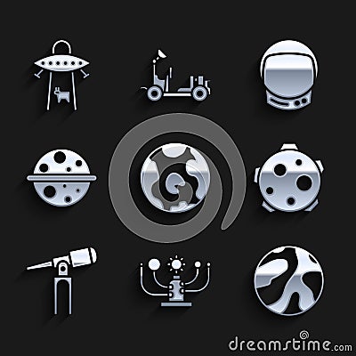 Set Earth globe, Solar system, Planet, Telescope, Saturn, Astronaut helmet and UFO abducts cow icon. Vector Vector Illustration