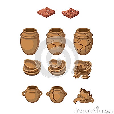 Set of earthenware jugs and plates, whole, broken Vector Illustration