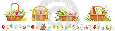 Set of Easter baskets for the holiday. Baskets with colored eggs, tulips, Easter cake and rabbit. Chocolate Hare Easter Vector Illustration