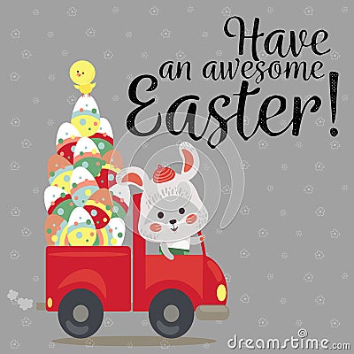 Set of Easter bunny drive car with truck, decorated eggs hunter holding full basket, cute white rabbit auto driver Vector Illustration