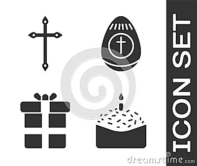 Set Easter cake and candle, Christian cross, Gift box and Easter egg icon Stock Photo