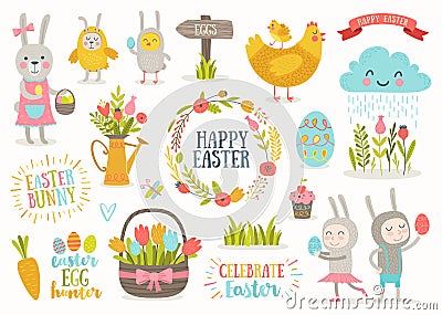 Set of Easter cartoon characters and design elements Vector Illustration