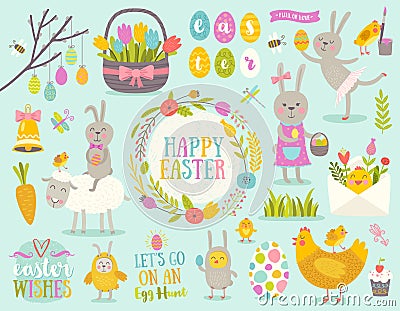 Set of Easter cartoon characters and design elements Vector Illustration