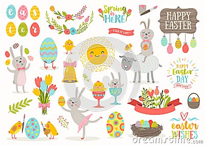 Set of Easter cartoon characters and design elements Vector Illustration