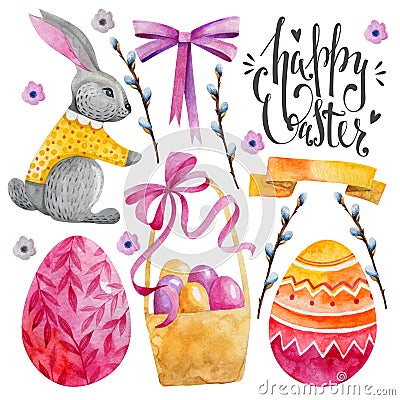 Set of easter characters. Elements for your design. Watercolor drawing. Pink shades. Rabbit, basket, Easter eggs and willow twigs Stock Photo