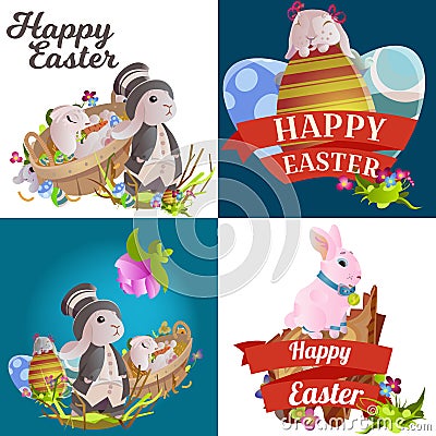 Set of easter chocolate egg hunt bunny basket on green grass decorated flowers, rabbit funny ears, happy spring season Vector Illustration