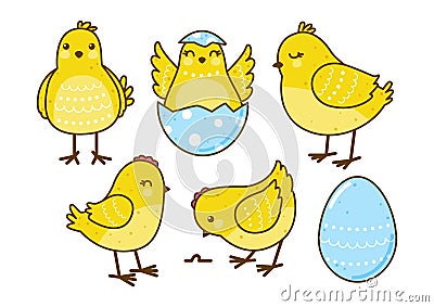 Set of Easter cute chickens isolated on white Vector Illustration