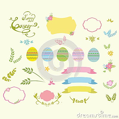 Set of Easter design elements eggs, ribbons, frames, floral vector illustration. Vector Illustration