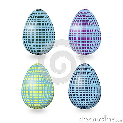 RoSet of Easter eggs with abstract geometric ornament with blue, purple, yellow,green lines on white backgund Stock Photo