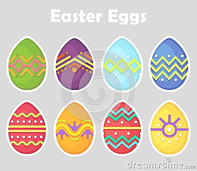 Set of Easter eggs, colored, oval, bright with a white outline isolated on a gray background. Spring holiday. Vector Illustration. Stock Photo