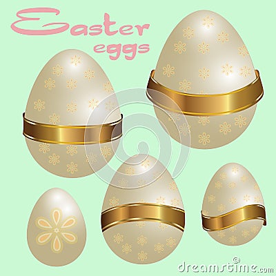 Set of Easter eggs decorated with flowers and gold ribbon. Vector Vector Illustration