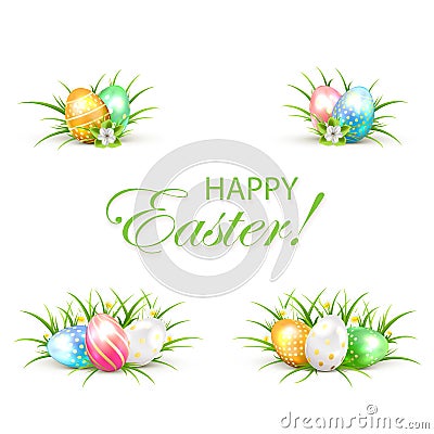 Set of Easter eggs with grass and flower Vector Illustration