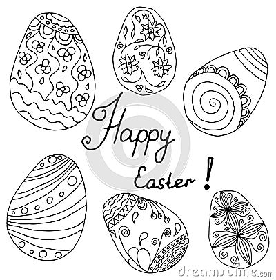 Set of easter eggs. Hand drawn decorative elements in vector. Pattern for coloring. Black and white pattern Vector Illustration