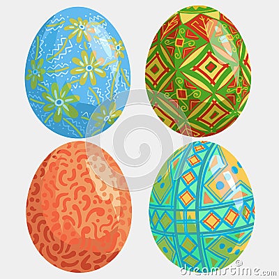 Set of easter eggs isolated on white background for your design. Bright colors and patterns. Cartoon realictic vector illustration Cartoon Illustration
