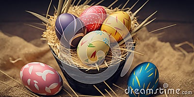 Set of Easter eggs on straw Stock Photo