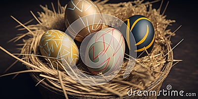 Set of Easter eggs on straw Stock Photo