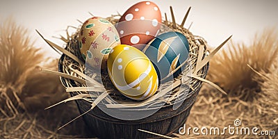 Set of Easter eggs on straw Stock Photo