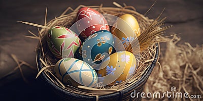 Set of Easter eggs on straw Stock Photo