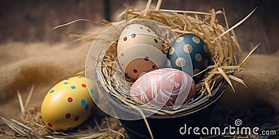 Set of Easter eggs on straw Stock Photo