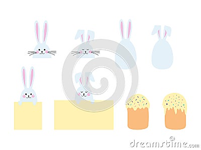 Set of Easter elements. Decorative illustrations - eggs, rabbits, Easter bunnies, text templates and Easter cupcakes Vector Illustration