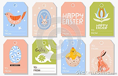 Set of Easter Gift Tags with bunny, bird; flowers, egg and lettering. Vector Illustration