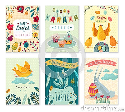 Set of Easter greeting cards with cute cartoon characters and flowers Vector Illustration