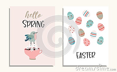 Set of Easter greeting cards, invitations with bird, cup of coffee, flowers and colorful Easter eggs pattern. Spring Vector Illustration