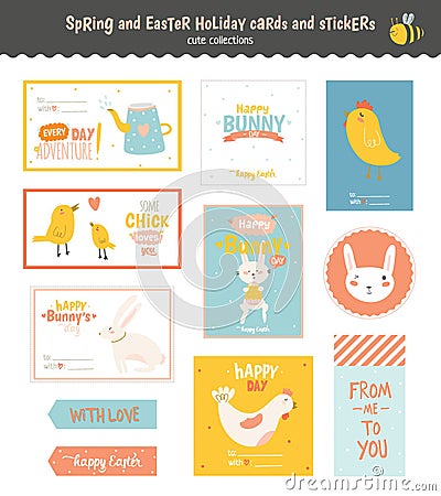 Set of Easter greeting cards, tags, stickers Vector Illustration