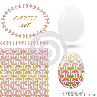 Set of easter ornaments and decorative elements, seamless pattern, brush, eggs, frames for announcements, greeting cards, posters, Vector Illustration