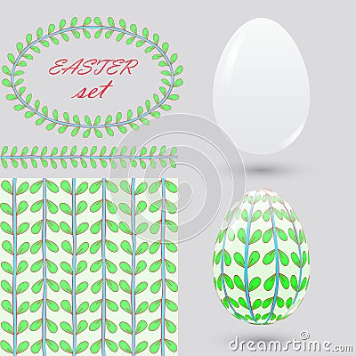 Set of Easter. Pure and painted eggs, seamless pattern, brush and frame. Elements for design announcements, greeting cards, poster Vector Illustration