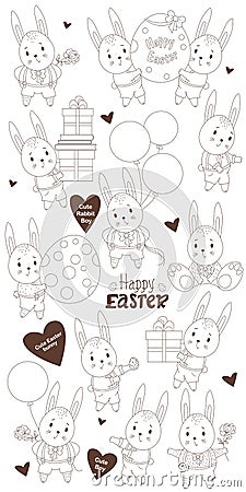 A set of Easter sketches with cute bunny boys - with a gift, with an Easter egg, with flowers, with a balloon, boxes in Vector Illustration