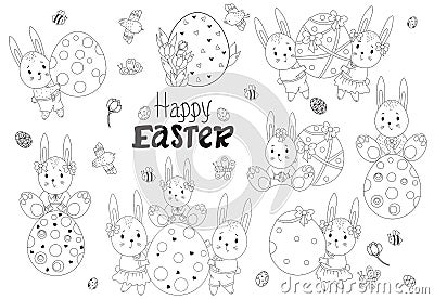 Set of Easter sketches with cute Easter bunnies. A family of bunnies with a large Easter egg, kids - a boy and a girl, Easter Vector Illustration