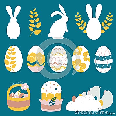 Set of Easter vector elements: rabbits, decorative painted eggs, basket, Easter cake, egg hunt. Vector Illustration