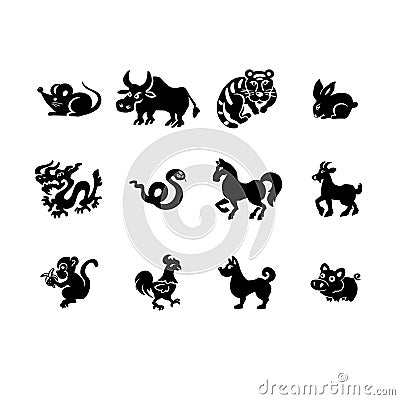 Set of eastern horoscope symbols silhouettes vector illustration Vector Illustration