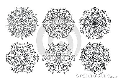 Set easy Mandalas with spirals and curlicues. Mandala flowers coloring on white background. Vector Illustration