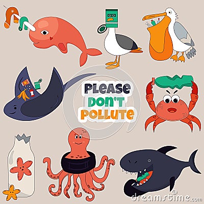 Set of Eco animals. Stop ocean pollution concept Vector Illustration