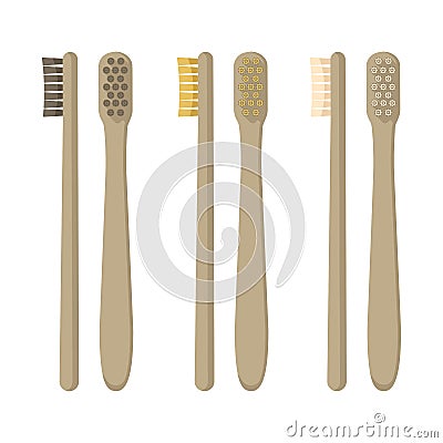 Set of eco-friendly bamboo toothbrushes isolated on white background. Natural organic bathroom beauty product. Vector Illustration