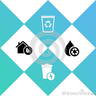 Set Eco friendly house, Lightning with trash can, Recycle bin recycle and clean aqua icon. Vector Stock Photo