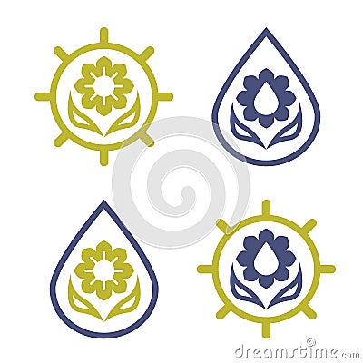 Set of eco logos of a flower, sun and water drop. Vector Illustration