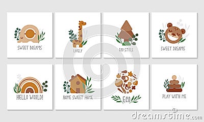 Set of Eco wooden toys with eucalyptus leaves, cute kids card, poster, flyer. Sweet dream. Neutral colors illustration isolated on Vector Illustration