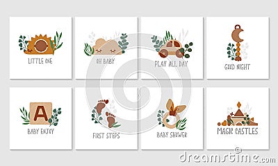 Set of Eco wooden toys with eucalyptus leaves, cute kids card, poster, flyer. Sweet dream. Neutral colors illustration isolated on Vector Illustration