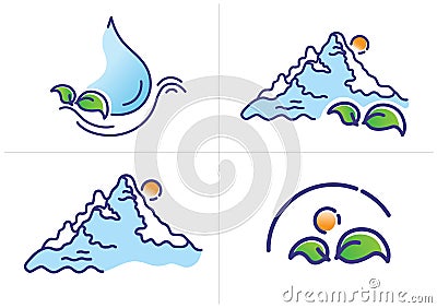 Set of Ecological Logo, line vector illustration of a drop of water, green leaves, mountain, sun, Vector Illustration