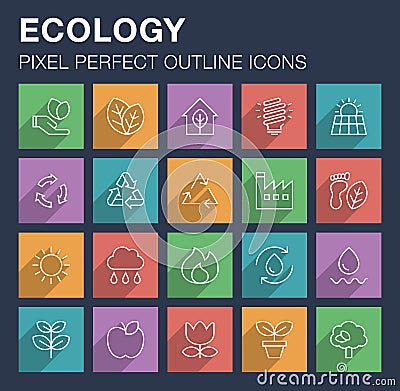 Set of ecology icons with long shadow. Vector Illustration