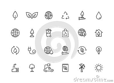 Set of 24 Ecology web icons in line style. Electric Car, Organic, environmental energy. Vector illustration Vector Illustration