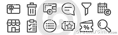Set of 12 ecommerce basic icons. outline thin line icons such as search, voucher, tasks, filter, wallet, delete Vector Illustration