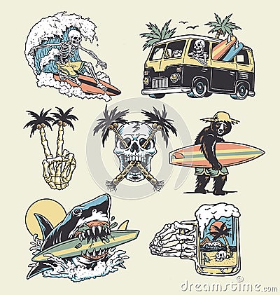 A set of edgy surf and beach illustrations. For t-shirts, stickers and other similar products. Vector Illustration