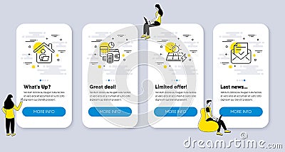 Set of Education icons, such as Solar panels, Budget accounting, Work home. Vector Vector Illustration