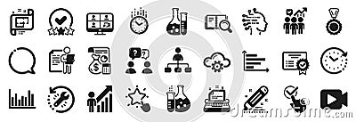 Set of Education icons, such as Teamwork questions, Chemistry lab, Time change. Vector Vector Illustration