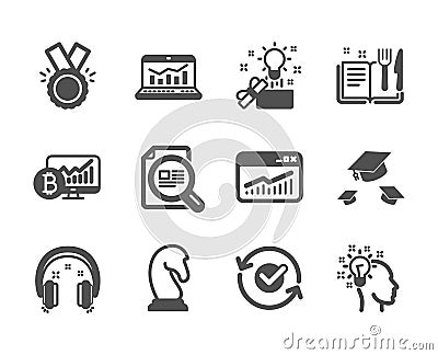 Set of Education icons, such as Web analytics, Check article, Website statistics. Vector Vector Illustration