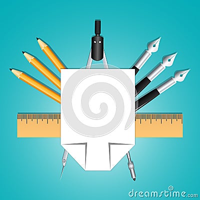 Set of educational decoration tools. Sheets of paper, pencils, pens, ruler and compass. Designed as heraldry for students and teac Cartoon Illustration